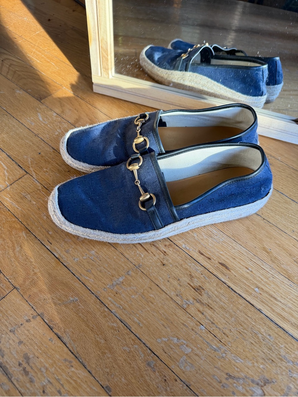 men’s Gucci navy GG jacquard canvas Horsebit espadrilles